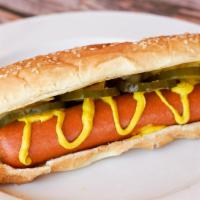 Hot Dog · Hotdogs come with mustard, pickles and onions served on a soft bun