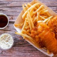 Fish & Chips · Hand dipped beer battered white fish served with french fries and side of malt vinegar and h...