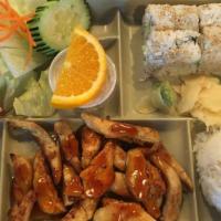 2. Chicken Teriyaki + California Roll · Our bento box with our sweet and sticky Chicken Teriyaki and our hand rolled California Roll!