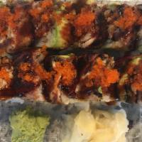 3. Spider Man Maki (10 Pieces) · Deep fried soft shell crab, spicy crab meat topped with unagi (eel) sweet sauce and tobiko.