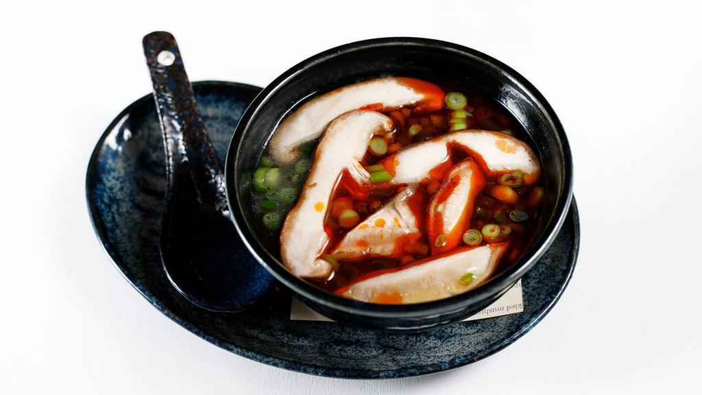 Spicy Miso Soup · Shiro-dashi broth, shiitake mushroom, tofu, shaved scallion and chilli oil.