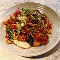 Yaki Udon Noodles · udon noodles, bok choy, edamame, tomatoes, sesame seeds, red and green onions, shiitake mush...