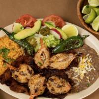 Asada & Shrimp · Served with rice and beans