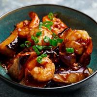 Shrimp & Eggplant with Garlic Sauce · Gluten-free. Shrimp and tender eggplant sauteed with a garlic and chili sauce topped with sc...