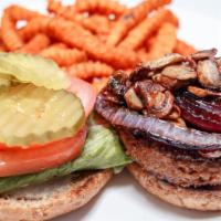 Teriyaki Mushroom Beyond Burger · Vegan. Teriyaki glazed beyond burger (soy and gluten-free) topped with lettuce, tomato, pick...