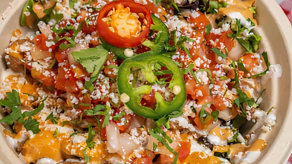 Burrito Bowl · spanish rice, refried beans, mix greens, choice of topping, crema, cheese, pico de gallo, jalapeno slices, kimchi aioli