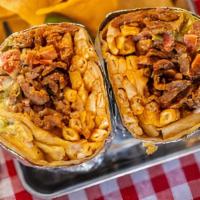 Cali Burrito · fries, choice of topping, guacamole, crema, garlic aioli, cheese, pico de gallo,