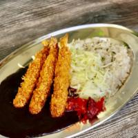 Japanese Fried Shrimp Curry · Panko fried shrimp curry with katsu sauce served with shredded cabbage, Fukujin-pickles and ...