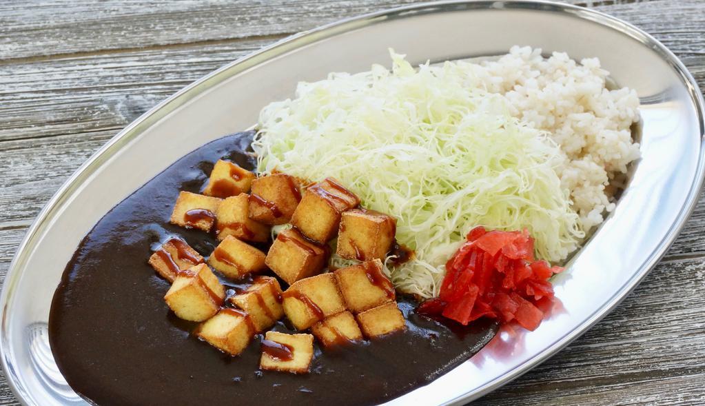 Tofu Curry (V) · Flash-fried tofu with katsu sauce served with shredded cabbage, Fukujin-pickles and 50% milled brown rice