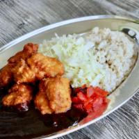 Chicken Karaage Curry · Chicken Karaage served with shredded cabbage, Fukujin-pickles and 50% milled brown rice