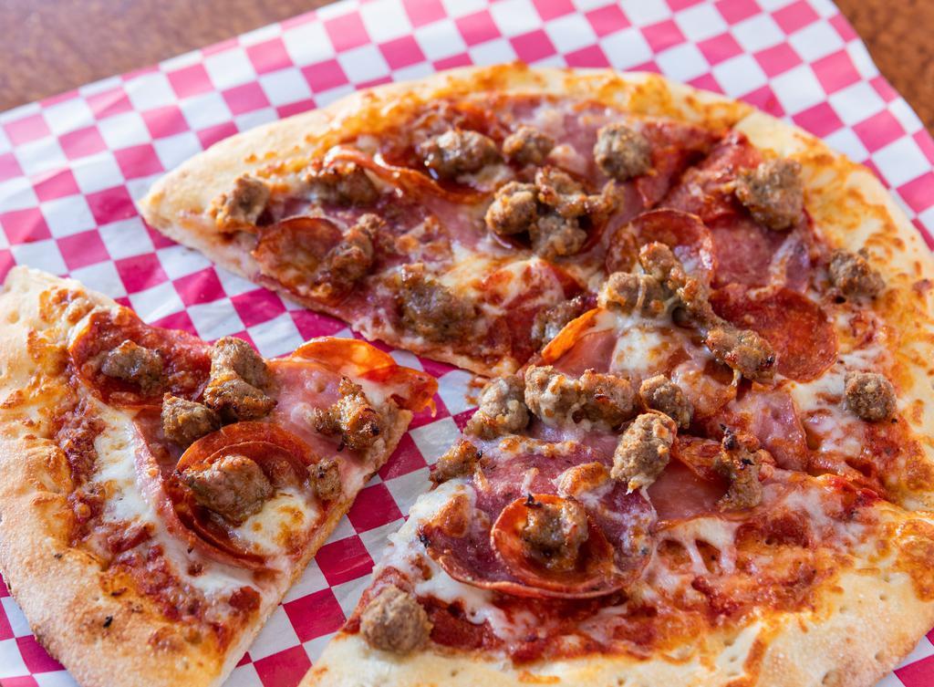 All Meat Pizza · Pepperoni salami, ham, Italian sausage, linguica, ground beef, and extra cheese.