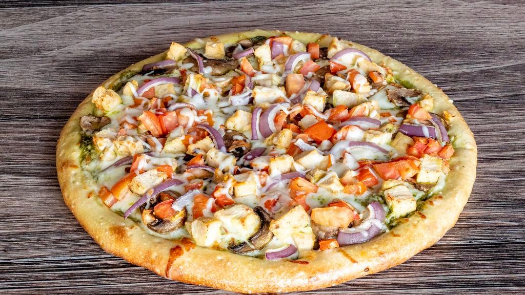 Chicken Pesto Pizza · Mushroom, onion, garlic, chicken, tomatoes, and pesto sauce.