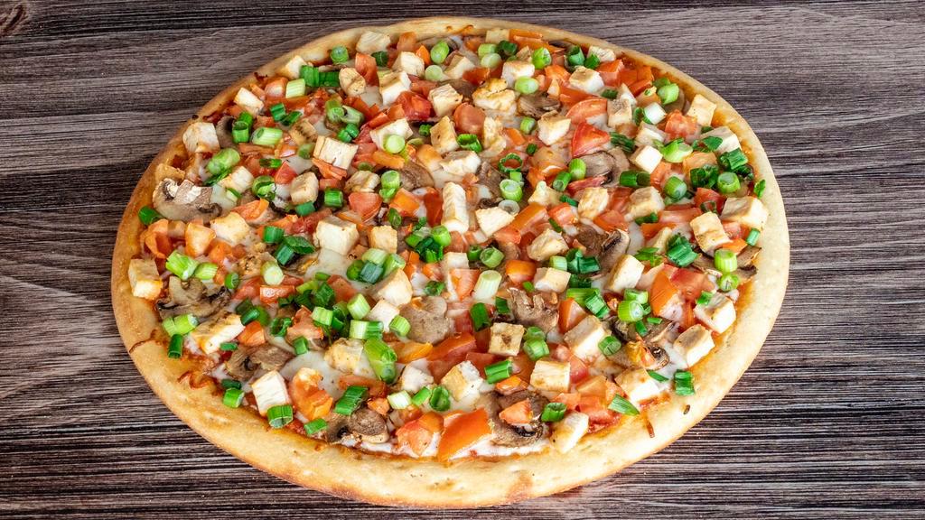 Garlic Chicken Pizza · Chicken breast, mushrooms, green onions, tomatoes, and fresh garlic.