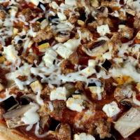 Deluxe Pizza · Salami, pepperoni, Italian sausage, mushrooms, linguica, feta cheese, eggplant, fresh garlic.