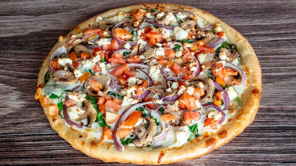 Greek Spinach Pizza · Garlic white sauce, mushrooms, red onions, spinach, tomatoes, Feta cheese.