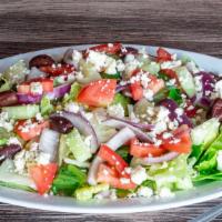 Greek Salad · Romaine and iceberg lettuce tomatoes kalamata olives cucumbers red onions and feta cheese wi...