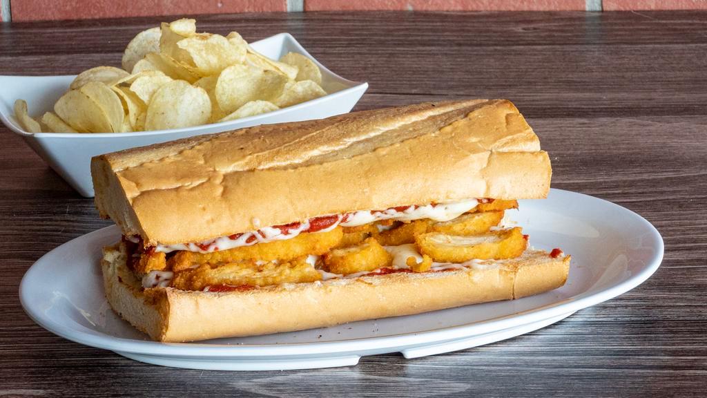 Chicken Parmesan Sandwich · Breaded chicken breast, marinara sauce, Parmesan, and melted mozzarella cheese. All sandwiches include a bag of potato chips.