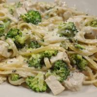 Chicken Broccoli Alfredo · Pieces of chicken and broccoli over spaghetti pasta and creamy alfredo sauce. All pasta dish...