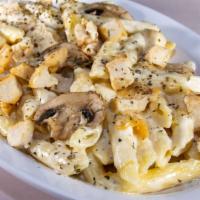 Chicken Penne Alfredo · Pieces of chicken, mushrooms, and alfredo sauce over penne pasta. All pasta dishes are serve...