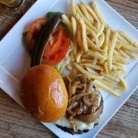 Cheddar Cheeseburger · 1/2 lb CAB burger, cheddar, lettuce, red onion, tomato with French Fries