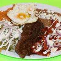 Chilaquiles with Steak · Choice of red or green salsa, served with two eggs, queso fresco (Mexican Cheese), steak, on...