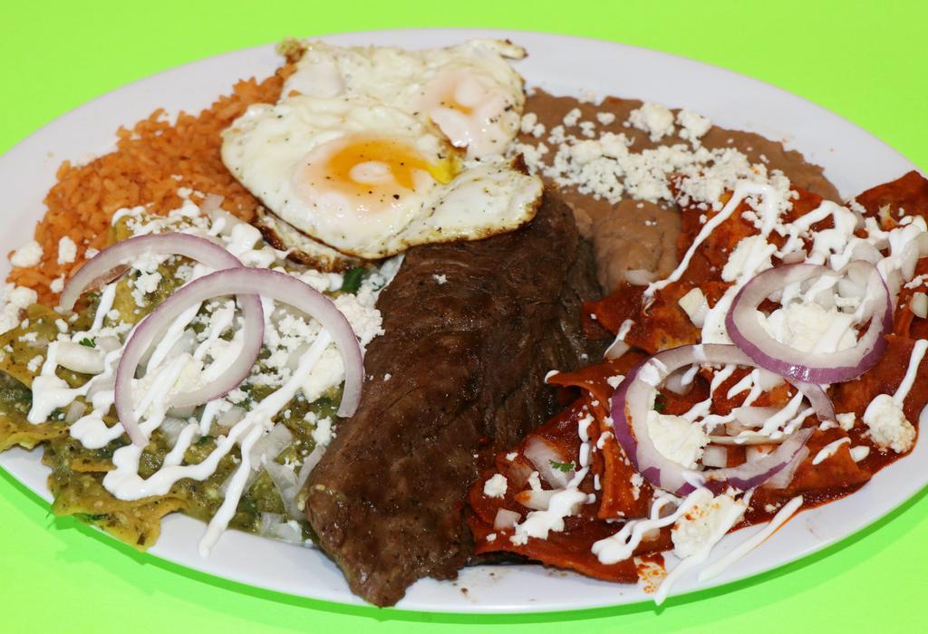 Chilaquiles with Steak · Choice of red or green salsa, served with two eggs, queso fresco (Mexican Cheese), steak, onions and sour cream.