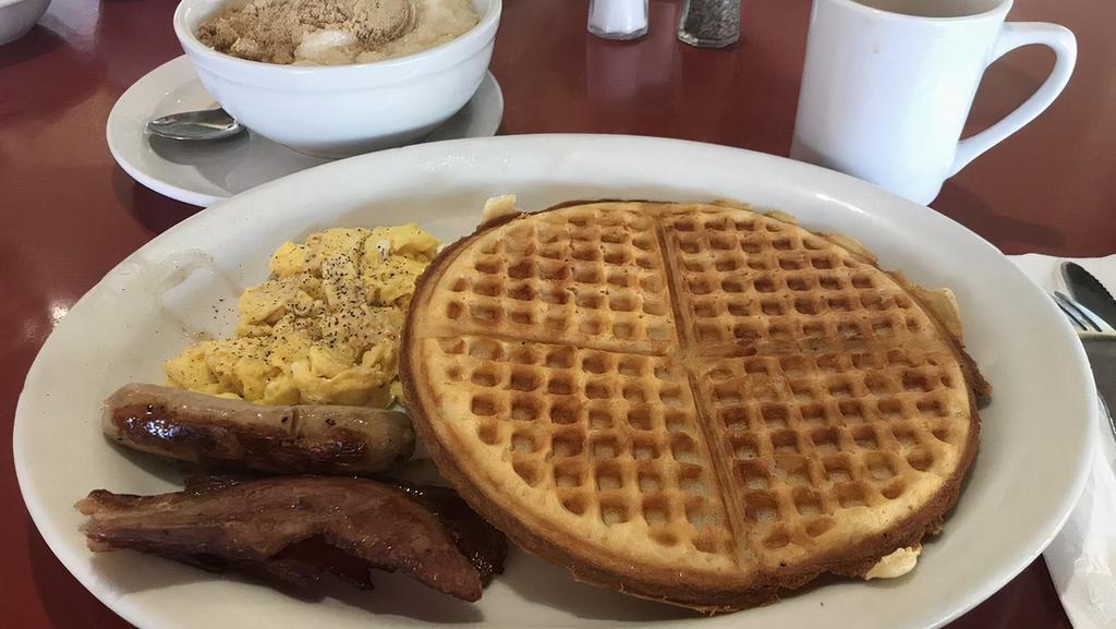 A, Waffle with 4 Bacon  & Eggs (2) · With 4 bacon and two eggs.