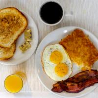 The Four Points Breakfast · 2 farm-fresh eggs your style, choice of bacon, ham or sausage, served with hash browns or co...