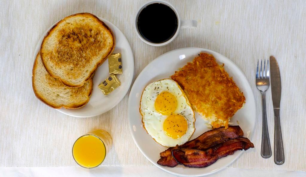 The Four Points Breakfast · 2 farm-fresh eggs your style, choice of bacon, ham or sausage, served with hash browns or country potatoes and choice of toast, juice and hot beverage.