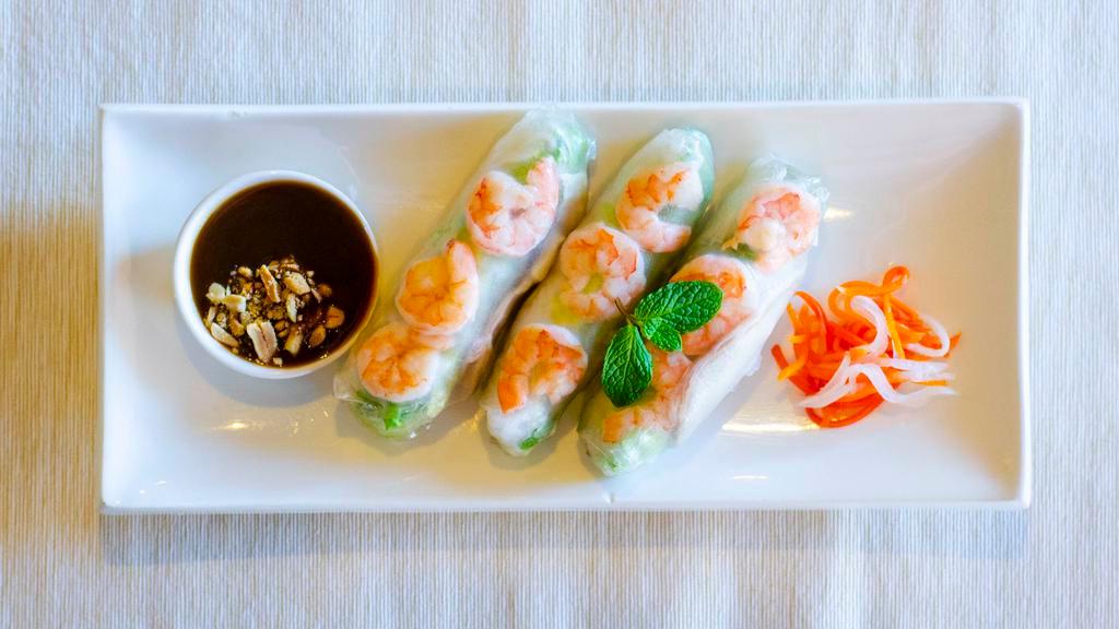 Goi cuon tom thit (spring rolls) · Fresh chop mints, lettuce, crunchy cucumber, rice noodle, pork slice and shrimp wrap in thin rice paper served with peanut sauce