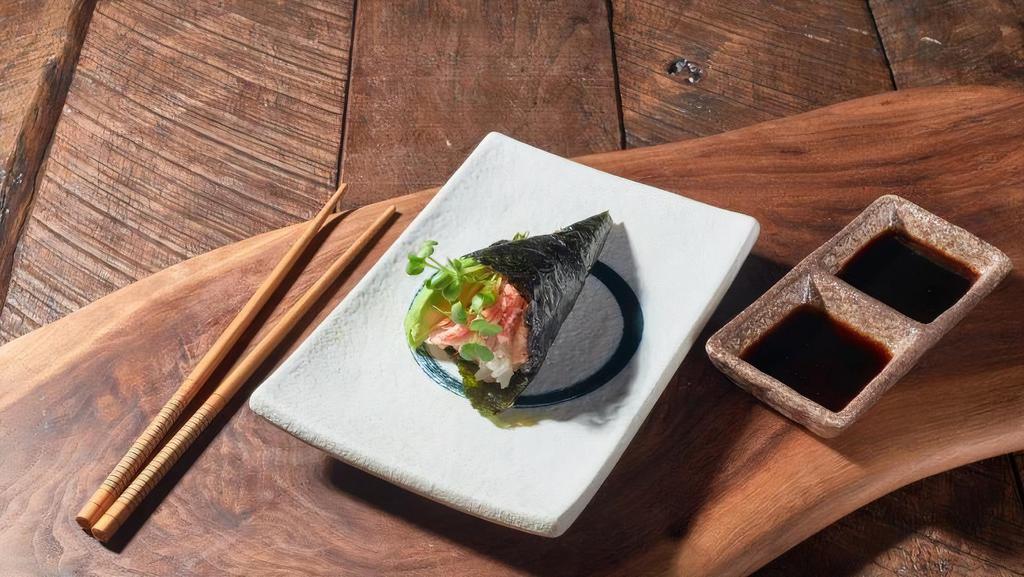 King California Hand Roll · Real crab meat and fresh avocado roll, topped with baby bean sprout