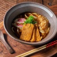 Vegetarian Udon · Tofu skin, naruto maki, seasonal vegetable and green scallion in Udon soup