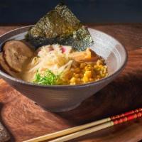 Shoyu Ramen (Vegetarian) · Fried soft tofu-skin, corn, bamboo shoots, seasonal vegetable, green scallion and seaweed in...
