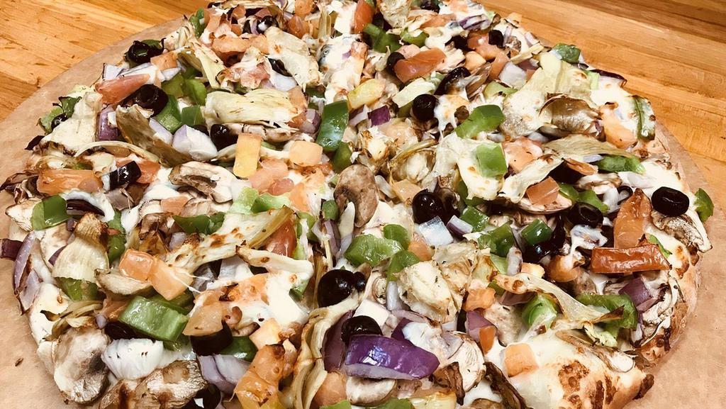 Vegetarian · A Pizza Landmark! Lots of mushrooms, black olives, bell peppers, onions, artichoke hearts, and fresh tomatoes.