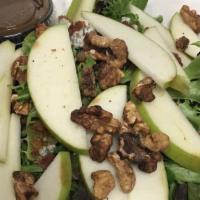 Apple & Blue Cheese Salad · Mixed greens with apples,blue cheese, bacon and candied walnuts with house vinaigrette