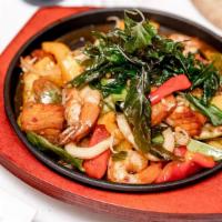 Cha-Cha-Cha · Spicy. Sizzling seafood stir-fry with house chili sauce, peppercorn, ginger root, kaffir lim...