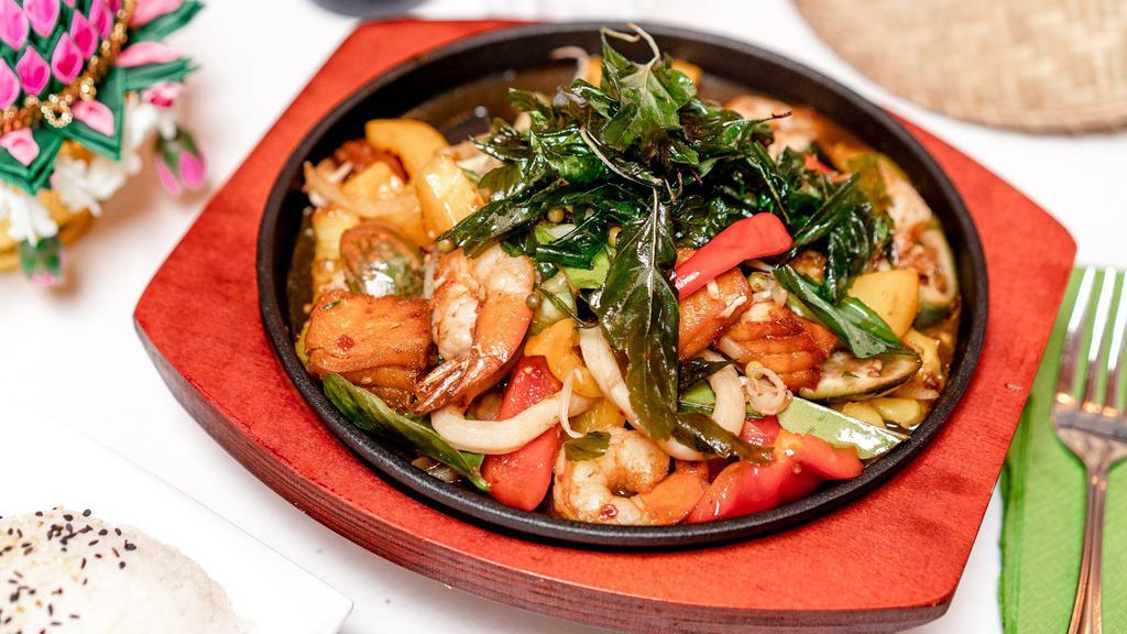 Cha-Cha-Cha · Spicy. Sizzling seafood stir-fry with house chili sauce, peppercorn, ginger root, kaffir lime leaf, and jasmine rice.