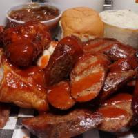 3-way : Ribs, Beef Brisket, Links · Ribs, Beef Brisket and Links | two 8oz sides | bread