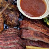 2-Way : Choice of 2 Smoked Meats · Ribs, Beef Brisket, Links or Chicken | two 8oz sides| bread