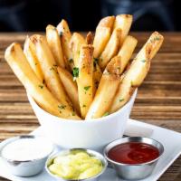 Belgian Style Duck Fat Fries · Choose Two Sauces: Garlic Aioli, Smoky Ketchup, Curry Aioli, Herbed Yogurt, BBQ, House Ranch...