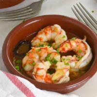 Gambas al Ajillo · White Shrimp Sauteed with Garlic, Olive Oil, Lemon & Chili | Ciabatta Toast Points