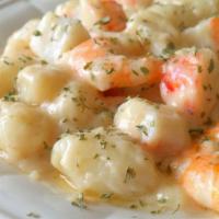 Potato Gnocchi · Garlic-Parmesan Cream Sauce | Pancetta | White Shrimp | Spinach