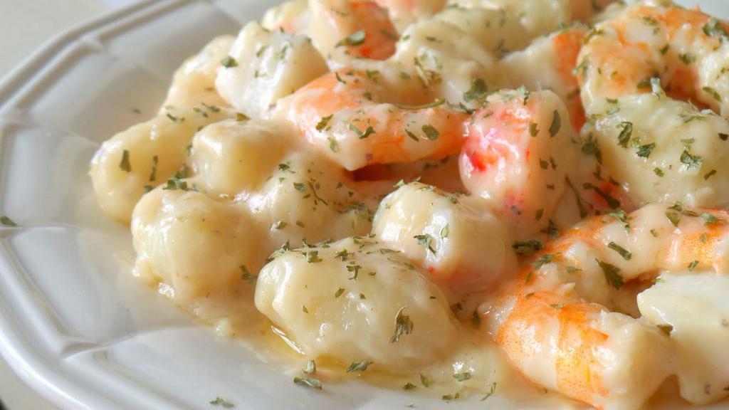 Potato Gnocchi · Garlic-Parmesan Cream Sauce | Pancetta | White Shrimp | Spinach