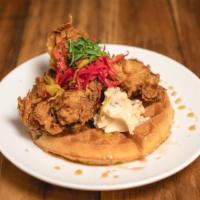 Buttermilk Fried Chicken & Waffles · Chili/Cabbage Slaw | Maple Syrup | Bacon Butter