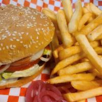 Burger & Fries · 1/3 pound Beef With Cheddar Cheese, Served with French Fries, Lettuce, Onion, Tomato, Pickle...
