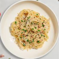 Spaghetti Adversary Aglio e Olio · Sliced and garlic, black pepper, olive oil, Parmesan cheese.