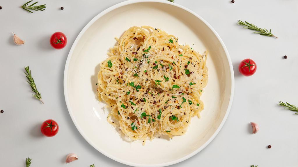 Spaghetti Adversary Aglio e Olio · Sliced and garlic, black pepper, olive oil, Parmesan cheese.