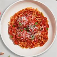 Spaghetti Sanction Meatballs · Spaghetti pasta with marinara sauce, meatballs, Parmesan cheese.