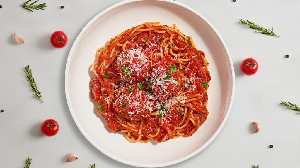 Spaghetti Sanction Meatballs · Spaghetti pasta with marinara sauce, meatballs, Parmesan cheese.