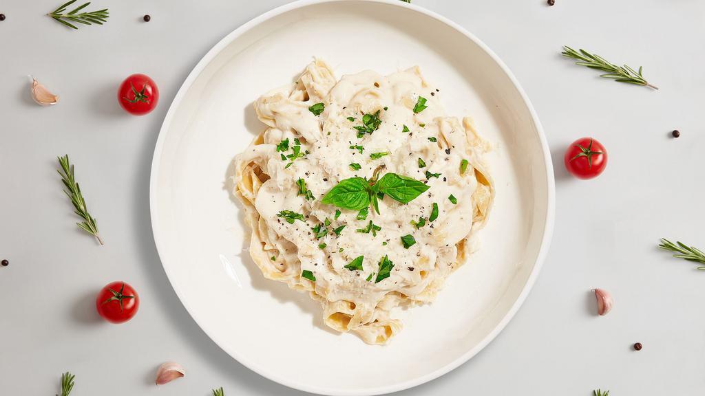Cluck Of Court Fettuccine Pasta · Fettuccine pasta with our alfredo sauce, Parmesan cheese, chicken, mushrooms, garlic, tomatoes.